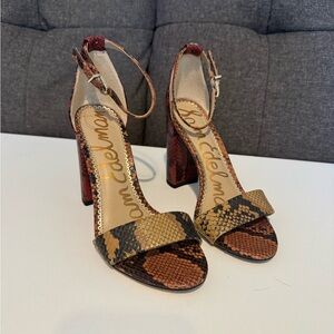 Sam Edelman Multicolor Brown Tan Snake-Print Block Heel Sandals